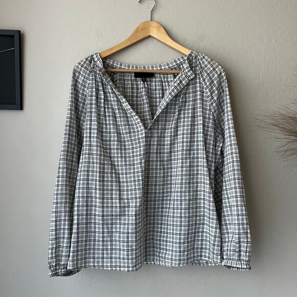 Nili Lotan Brooke White Black Plaid Print V-Neck Long‎ Sleeve Blouse Size Small - Picture 2 of 8